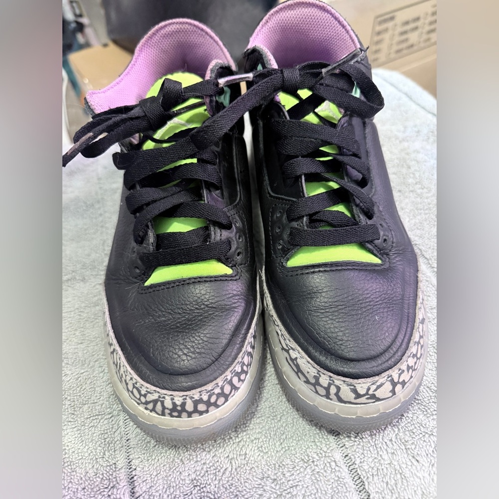 Youth Jordan Black Sneakers with green and purple accents
